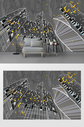 现代简约几何线条城市剪影电视背景墙