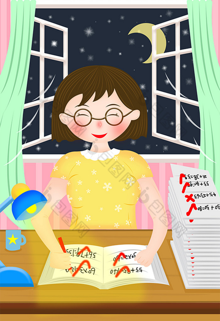 教师节老师批改作业到深夜插画