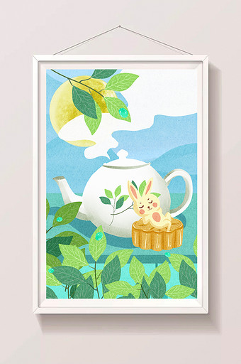 清新中秋节兔子吃月饼喝茶过中秋插画图片