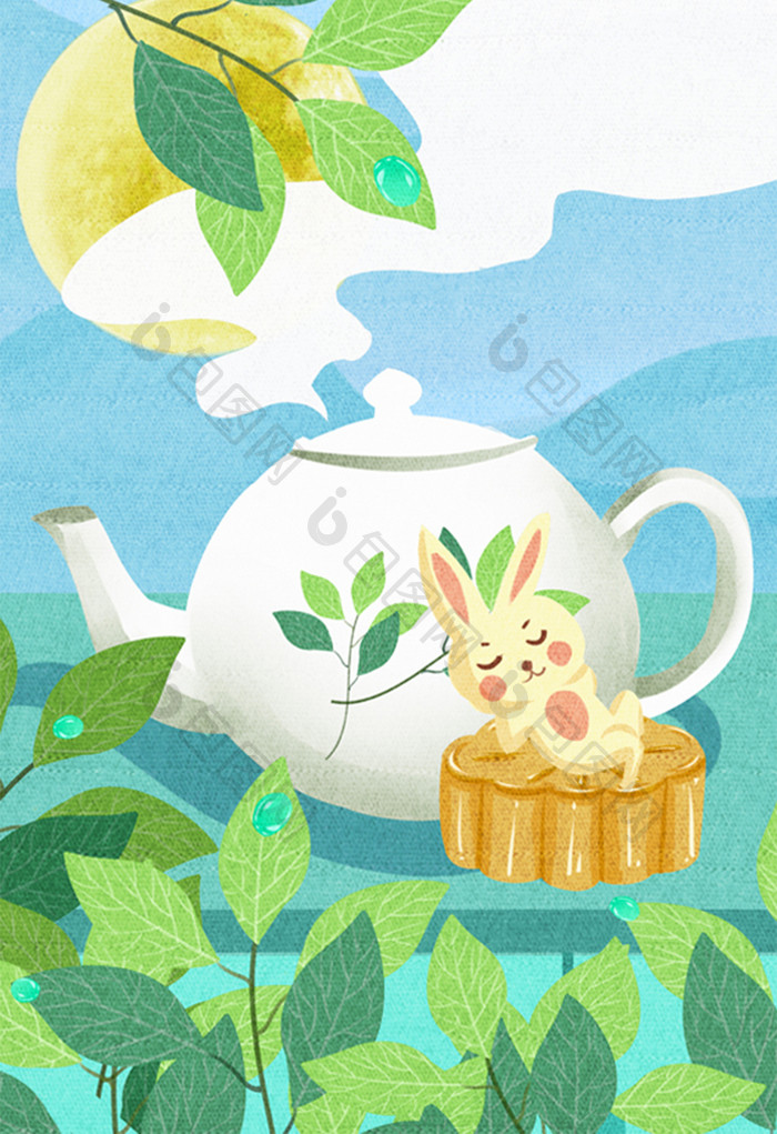清新中秋节兔子吃月饼喝茶过中秋插画