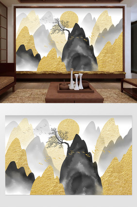 新中式金色水墨山水壁画背景壁画