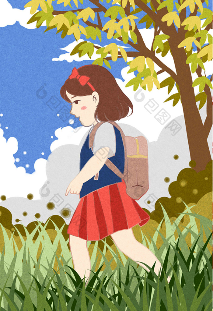 小女孩上学路上插画