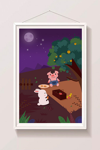 小猪小兔中秋节聚餐插画图片