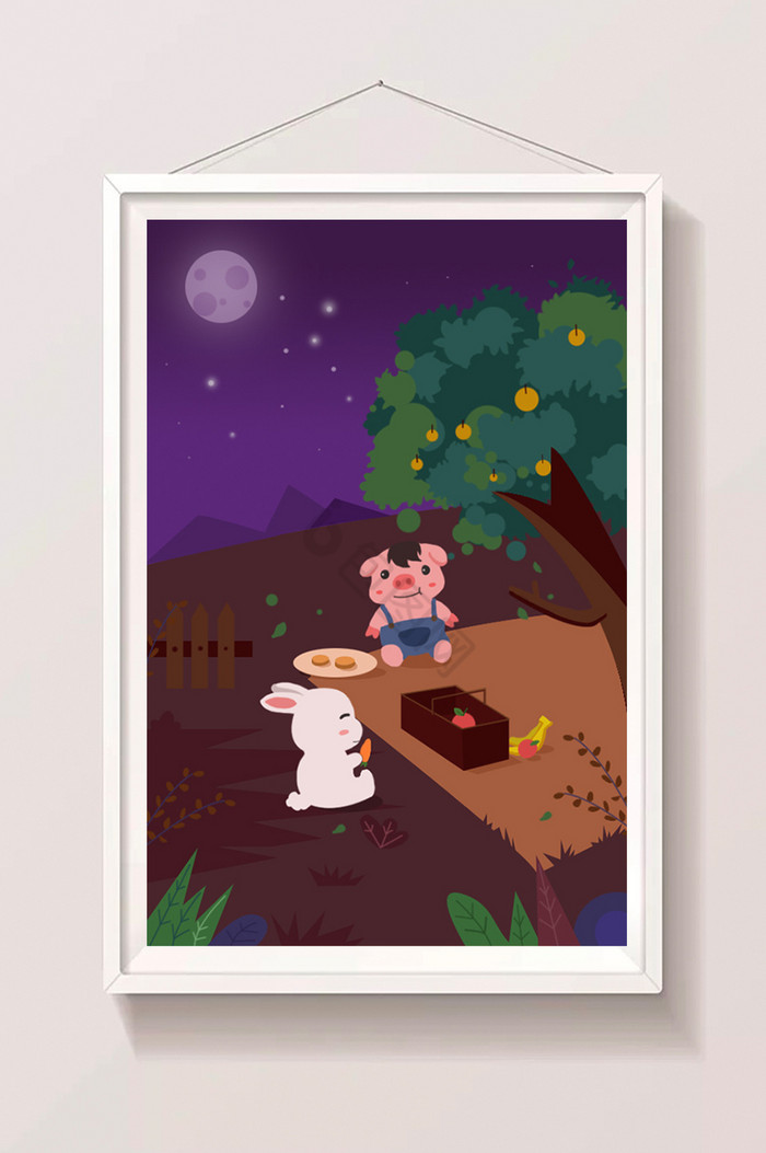 小猪小兔中秋节聚餐插画图片