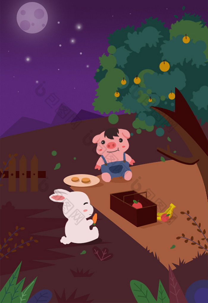 小猪小兔中秋节聚餐插画