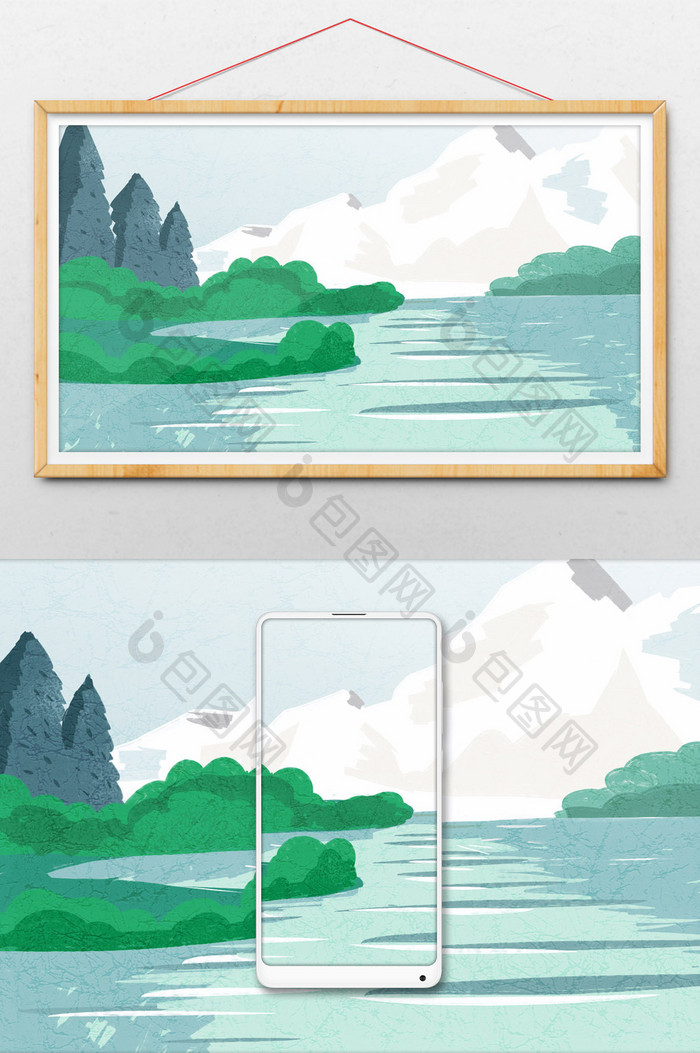 初秋高级灰湖泊树林插画背景