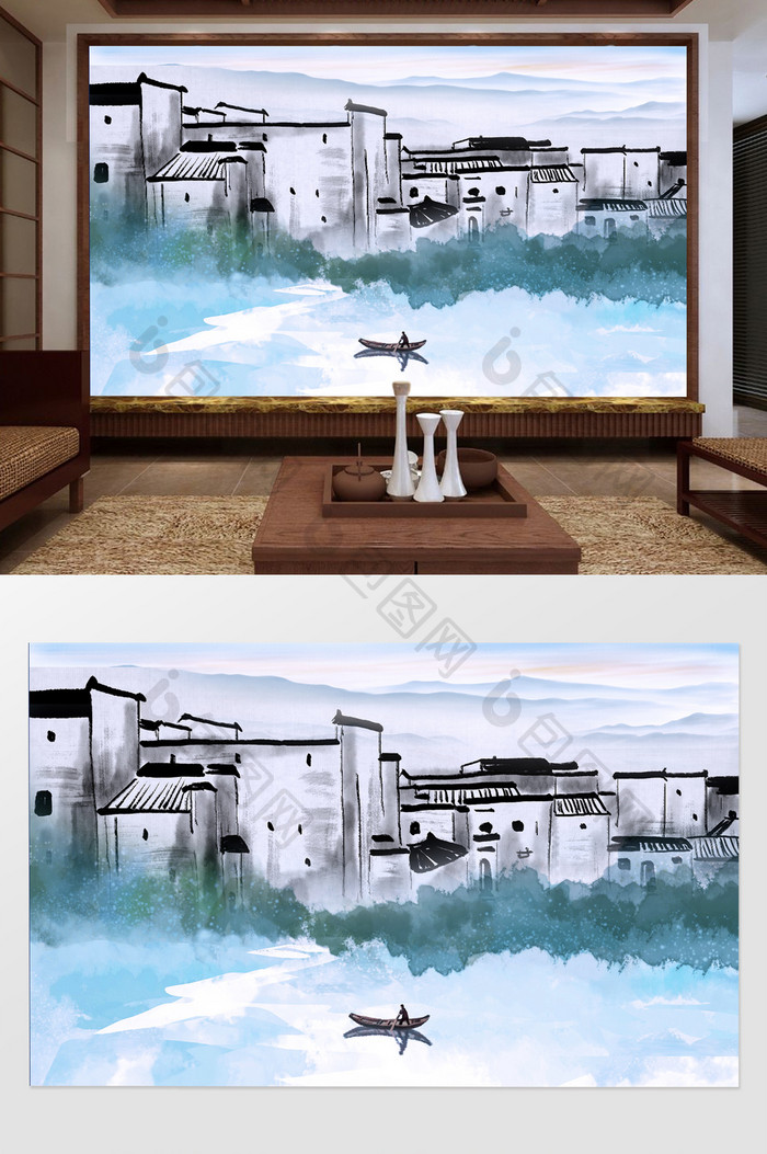 新中式古镇风景电视背景墙