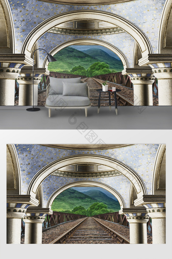 欧美拱形户外油画风景背景墙