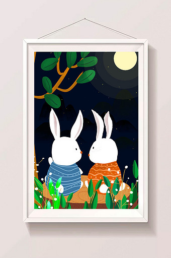 中秋节月下兔子插画图片
