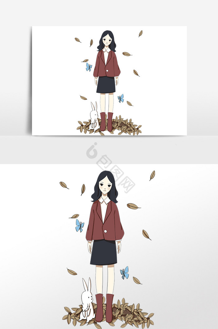 秋季叶落女孩拍照插画图片