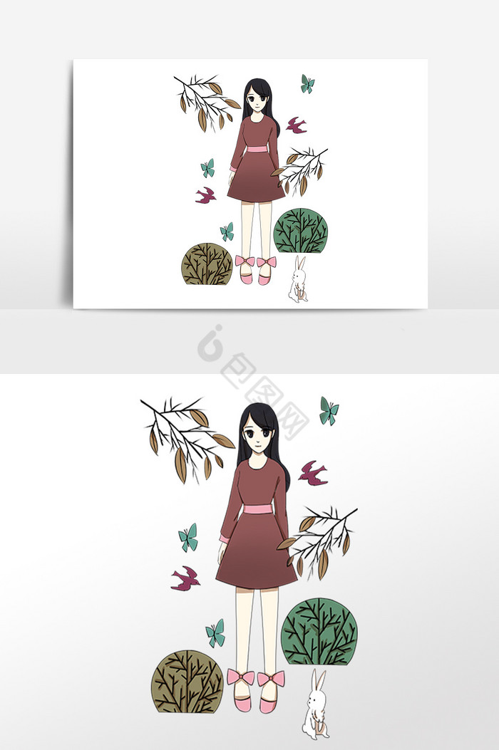 秋季连衣裙女孩拍照插画图片