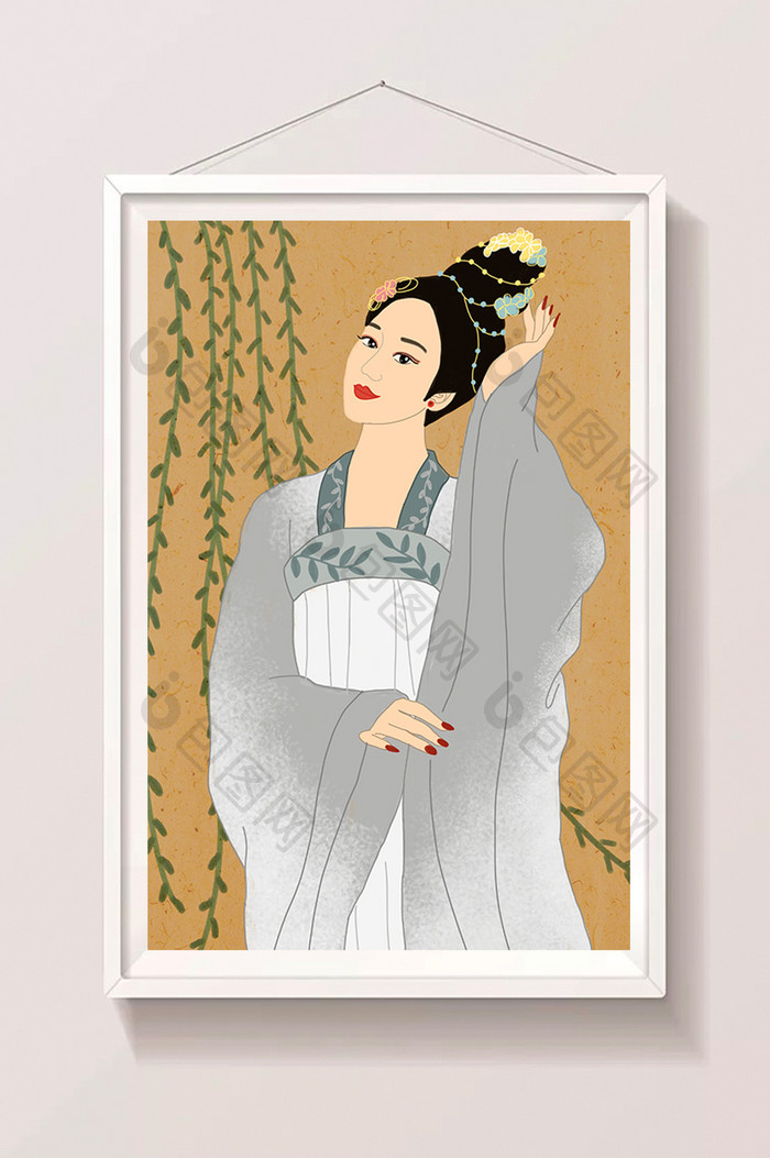 中国传统文化之汉服服饰古装女子扶柳插画