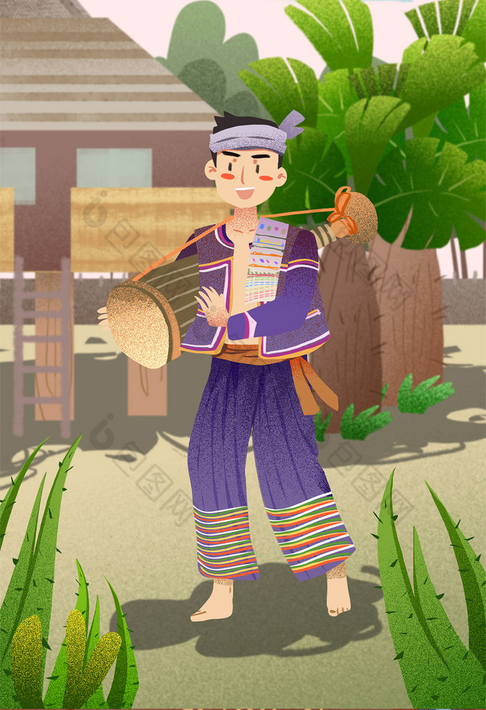 暖色傣族男人跳象脚鼓舞