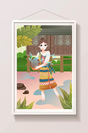 暖色中国风傣族泼水节的美女插画图片