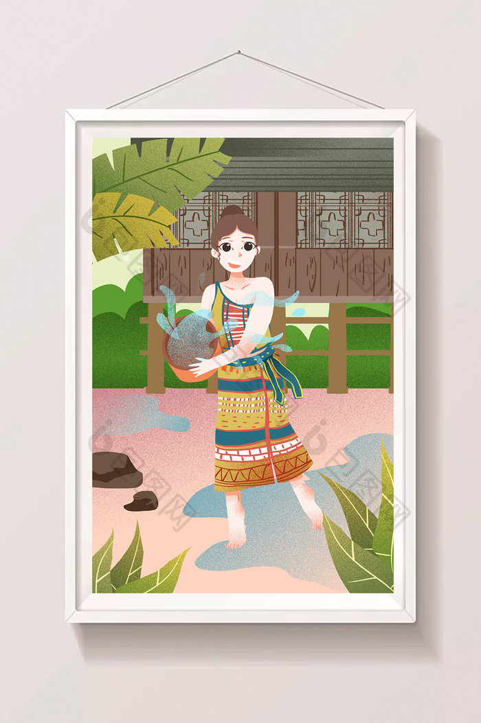 暖色中国风傣族泼水节的美女插画