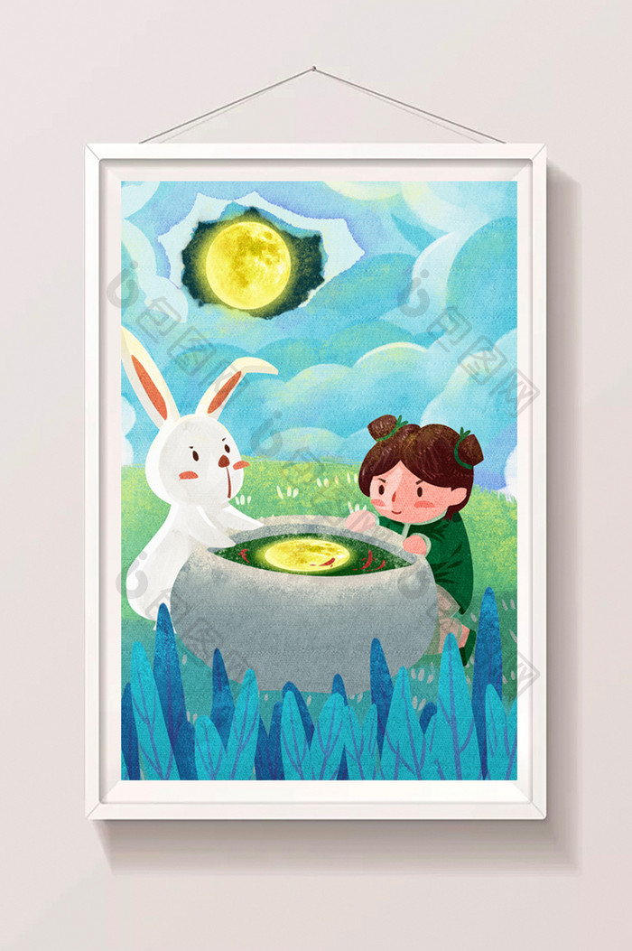 夜晚中秋节女孩与兔子赏水中月插画