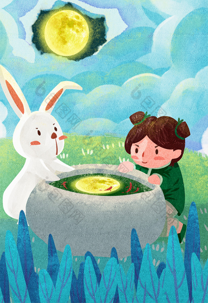 夜晚中秋节女孩与兔子赏水中月插画
