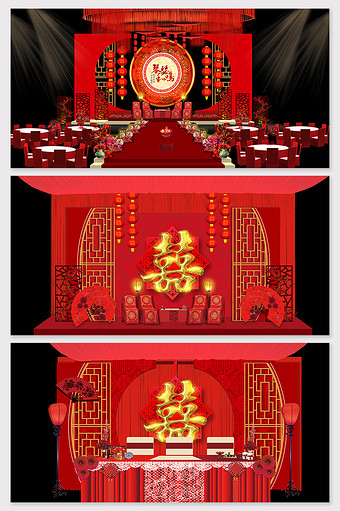中国风红色唯美婚礼舞台效果图图片