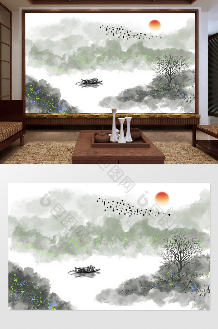 新中式意境山水画背景装饰壁画