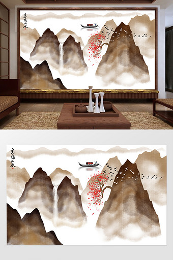 中式古典手绘山水画背景装饰壁画图片