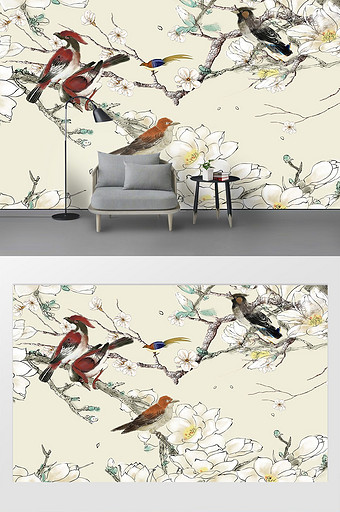 现代简约小鸟树枝立体金框背景墙装饰图片