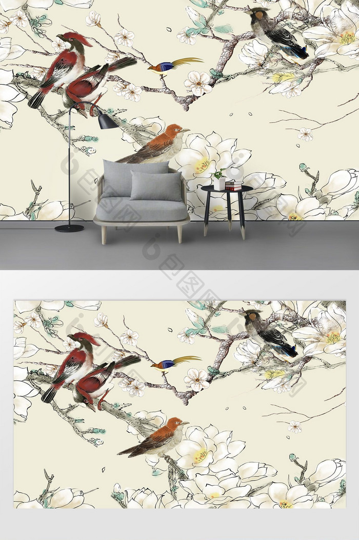 现代简约小鸟树枝立体金框背景墙装饰