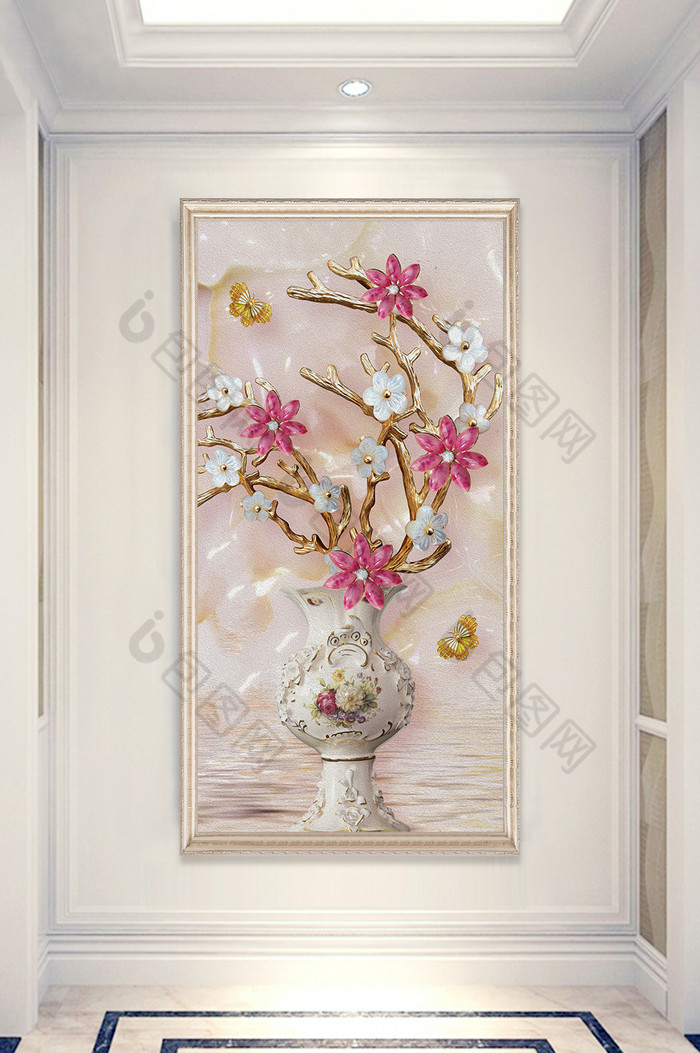 花瓶花卉欧式油画浮雕花瓶蝴蝶玄关装饰画花卉油画图片