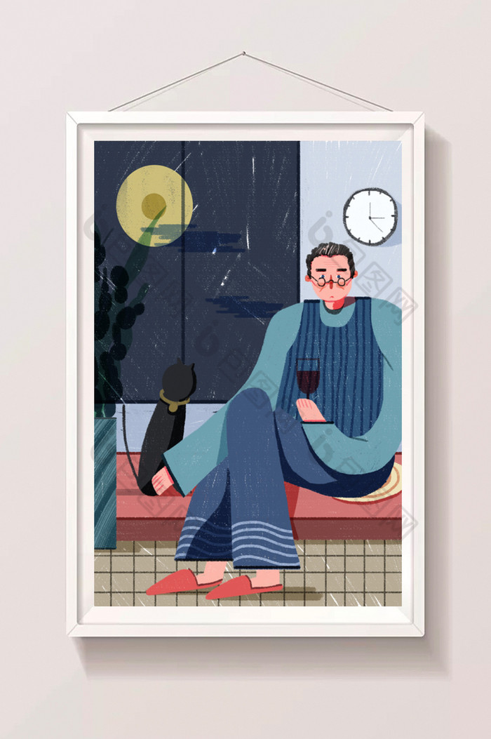 忧郁老人思念家人中秋节插画图片