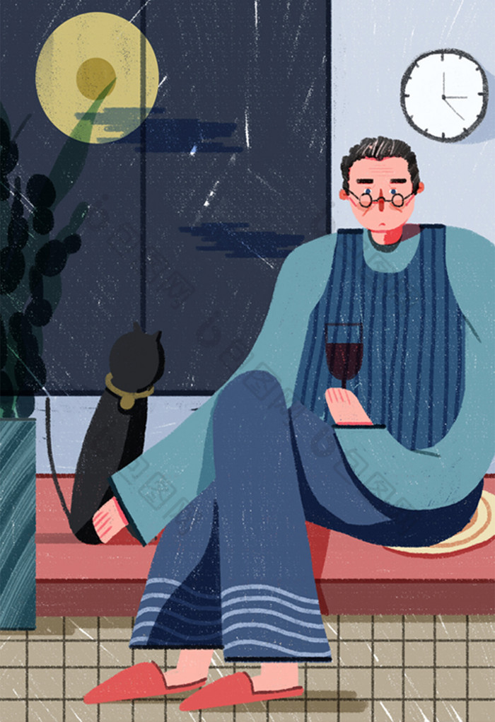 忧郁老人思念家人中秋节插画图片