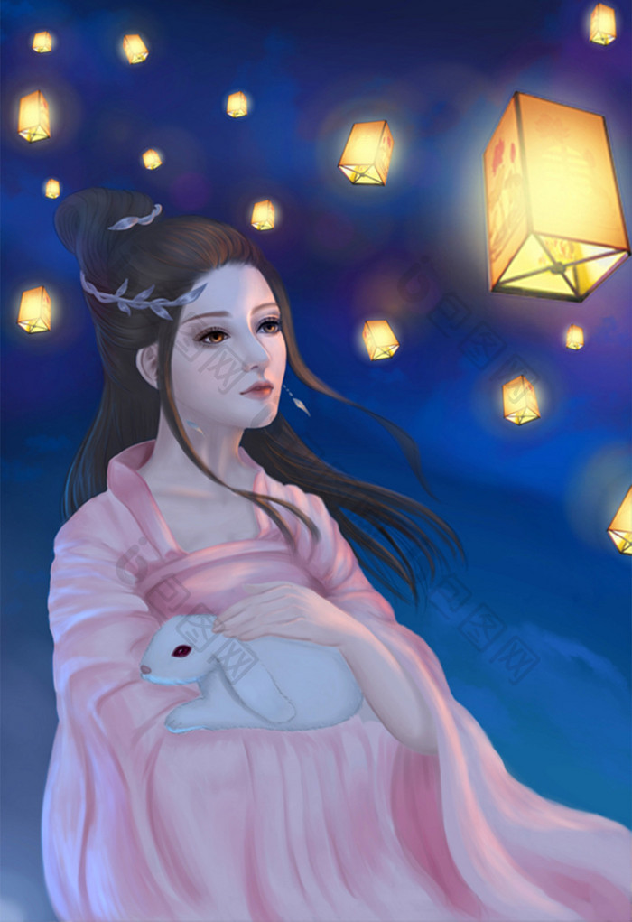 唯美嫦娥和玉兔在看孔明灯的中秋节插画