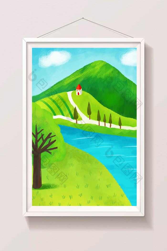 绿色系河边草地和小山坡卡通手绘插画背景