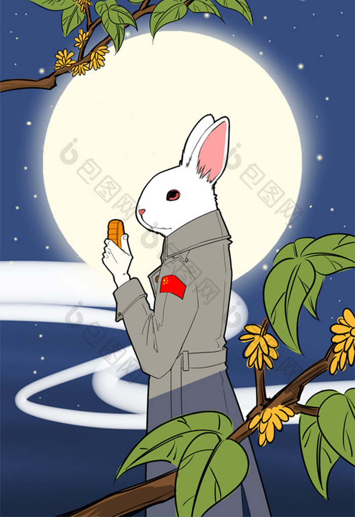 卡通中秋节玉兔吃月饼插画