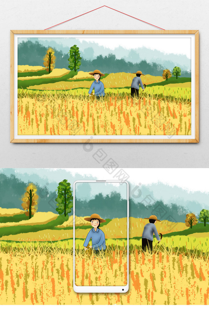 树林田间劳作带草帽的农民图片