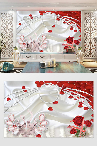 3D珠宝丝绸镶钻天鹅珍珠红玫瑰电视背景墙图片