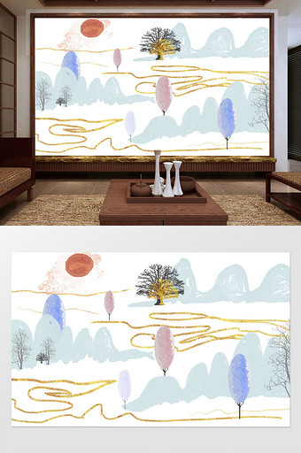 现代新中式蓝粉色树木山水背景墙图片