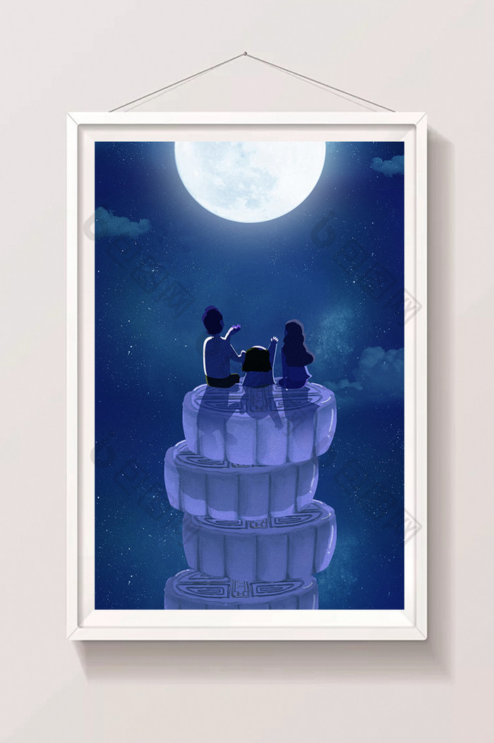 蓝色创意中秋节一家三口坐在月饼上赏月