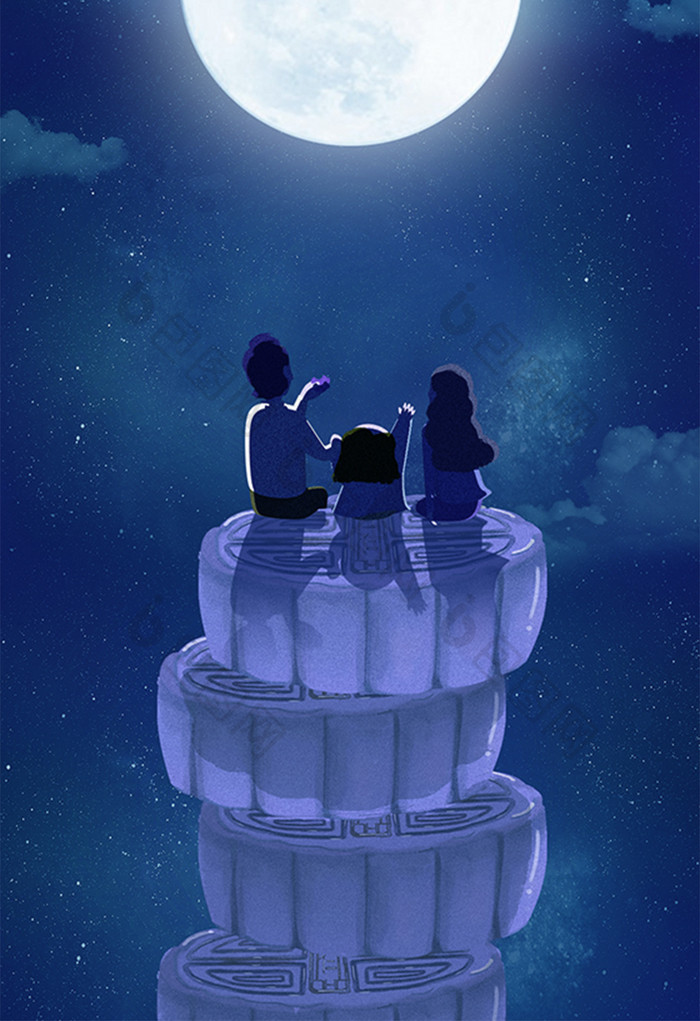 蓝色创意中秋节一家三口坐在月饼上赏月
