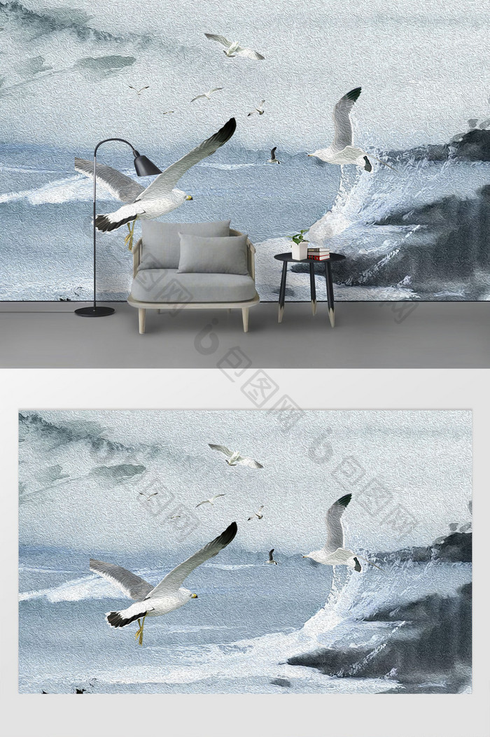 现代油画海景房定制海鸥拍浪背景墙