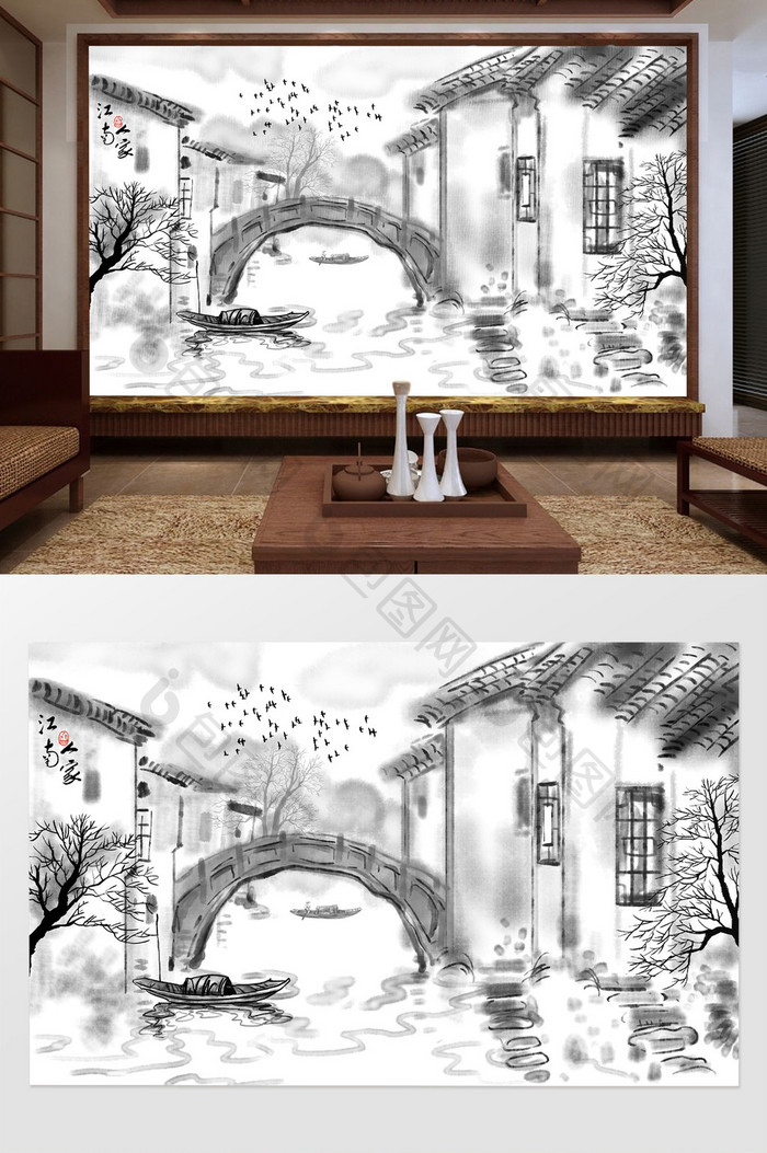 新中式水墨江南建筑背景墙装饰画