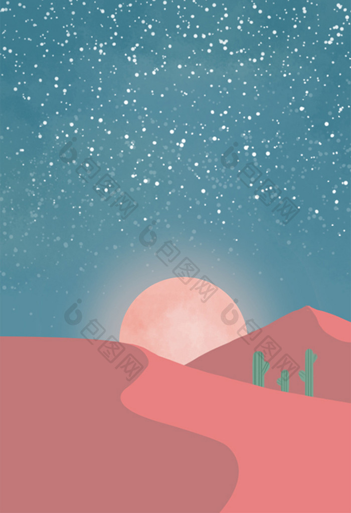 粉红沙漠的夜空插画