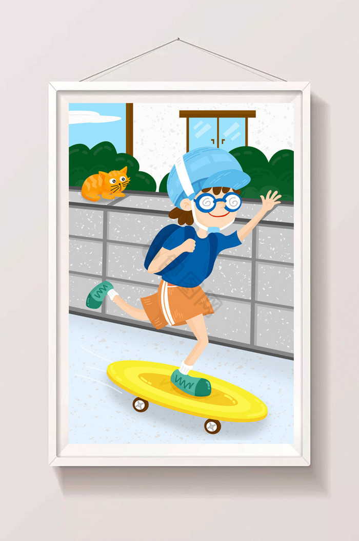猫咪滑滑板上学的小男孩插画图片
