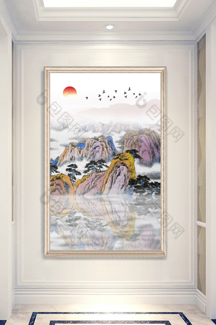 新中式山水风景飞鸟意境玄关装饰画