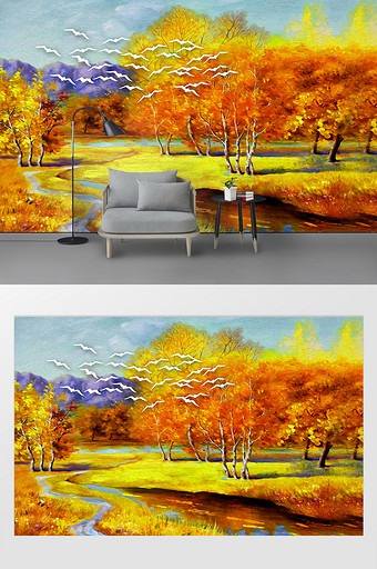 欧式树林风景油画飞鸟电视背景墙图片