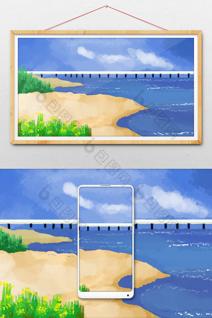 清新夏日海洋海滩插画背景