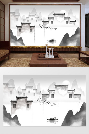 新中式徽派建筑马头墙山水背景装饰画图片