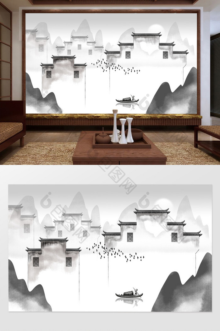 新中式徽派建筑马头墙山水背景装饰画