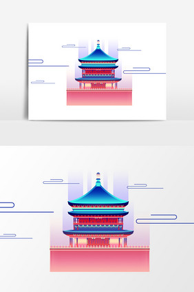 手绘中国风传统古建筑插画素材