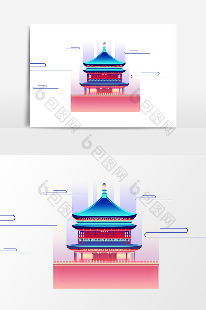 手绘中国风传统古建筑插画素材