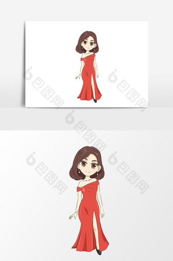 手绘红色晚礼服长裙美女插画素材图片