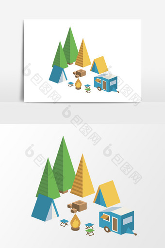 手绘扁平化树林山丘风景插画素材图片